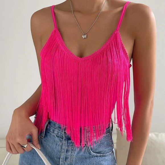 Pink Boho Womens Solid Fringe Trim Cami Top - Picture 1 of 5